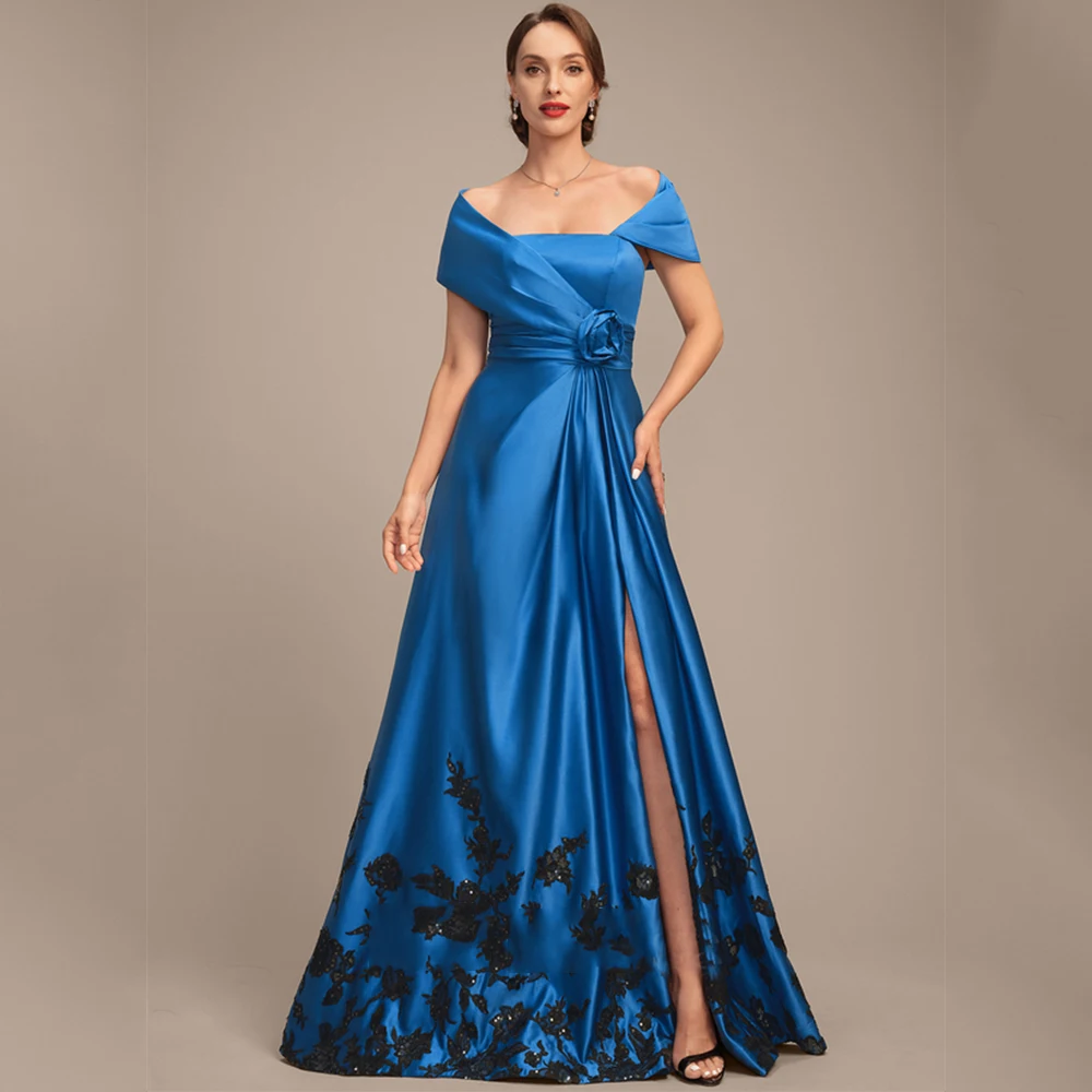 

Charming Blue Mother of Bride Dresses with Satin Short Sleeve A Line Floor Length Wedding Party Gown 2025 Summer Robe De Soirée