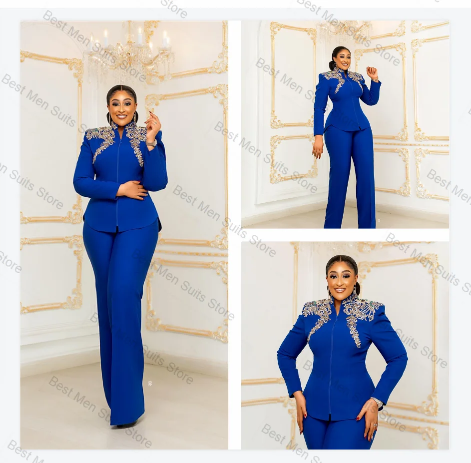 

Blue Women Suit Set 2 Pcs Blazer+Pants Trousers Luxury Crystals Formal Office Jacket Customized Wedding Tuxedo Cotton Prom Coat