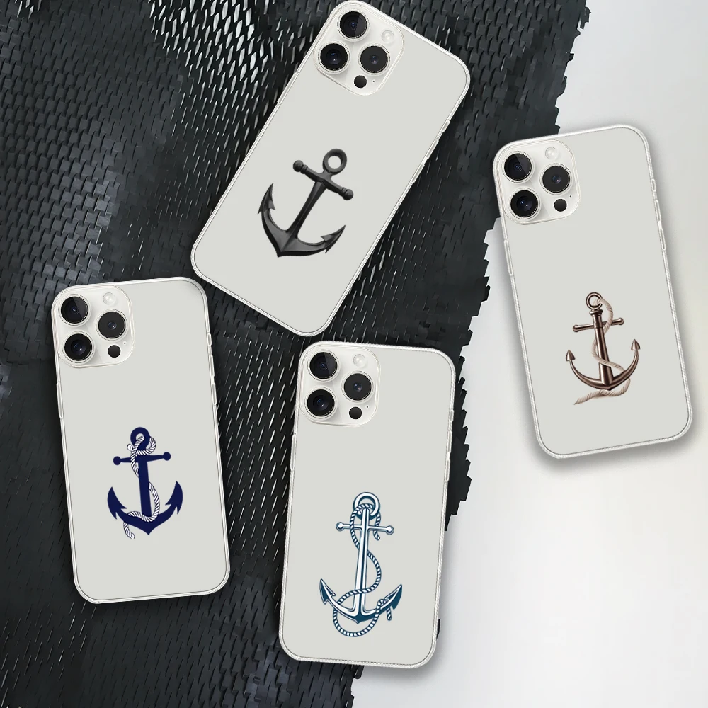 Nautical coral navy blue anchor wheel Phone Case for iPhone 12 11 13 14 15 16 Max Pro Plus Transparent Soft Shell