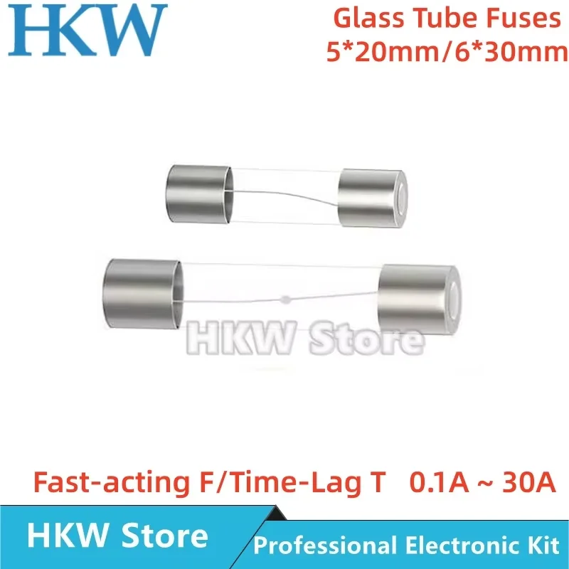 10/20pcs Glass Tube Fuse Slow Blow Fast Blow 5*20mm 6*30mm 0.1A~30A 0.2A 0.5A 1A 2A 3.15A 5A 6.3A 10A 15A 20A 25A 250V Fusibles