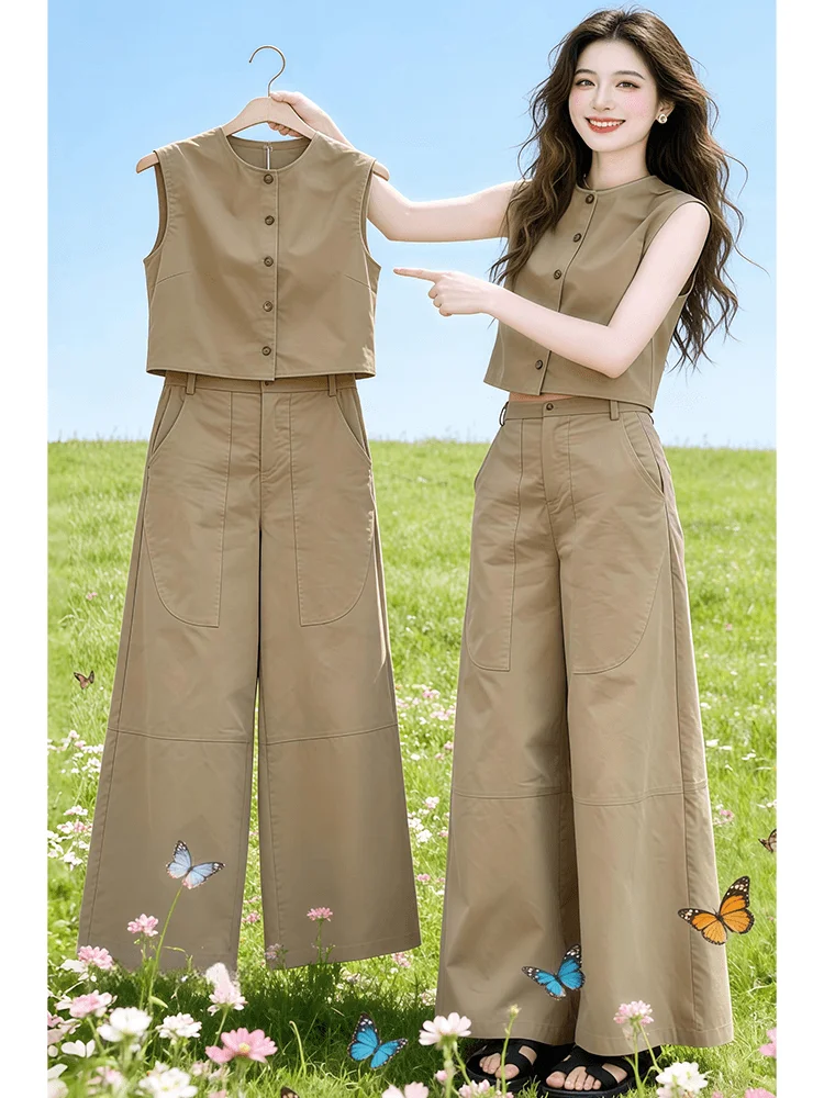 

Stunning Unique Summer Fashion Set Women's Sleeveless Wide Leg Pants High Waist round Neck Two Piece Suit Casual Style
