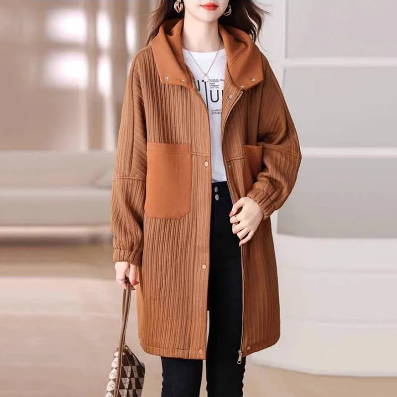 New Women's With Cotton Thickened Hooded Trench Coat Autumn Winter Warm Padded Jacket Female Loose Long Parker Overcoat Brown