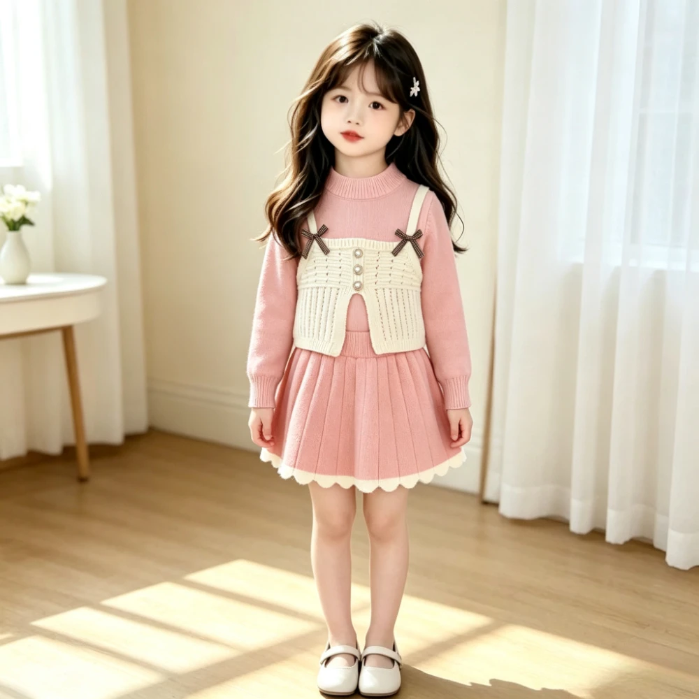 Kids Girls 2 Piece Knit Suit Long Sleeve Top Bow Decor Fake Two Sweaters Skirt Toddler Girls Sweet Princess Outfit 2-6 Years