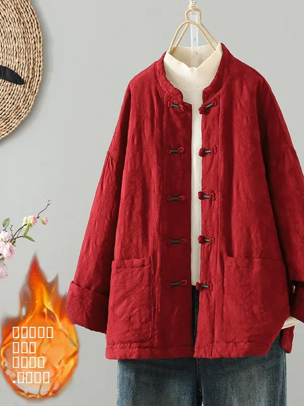 

Thiened Cotton Jaet Women's Autumn Winter Loose Fit Tussah Silk Embroidery Gauze Button Chinese Retro Sle Coat