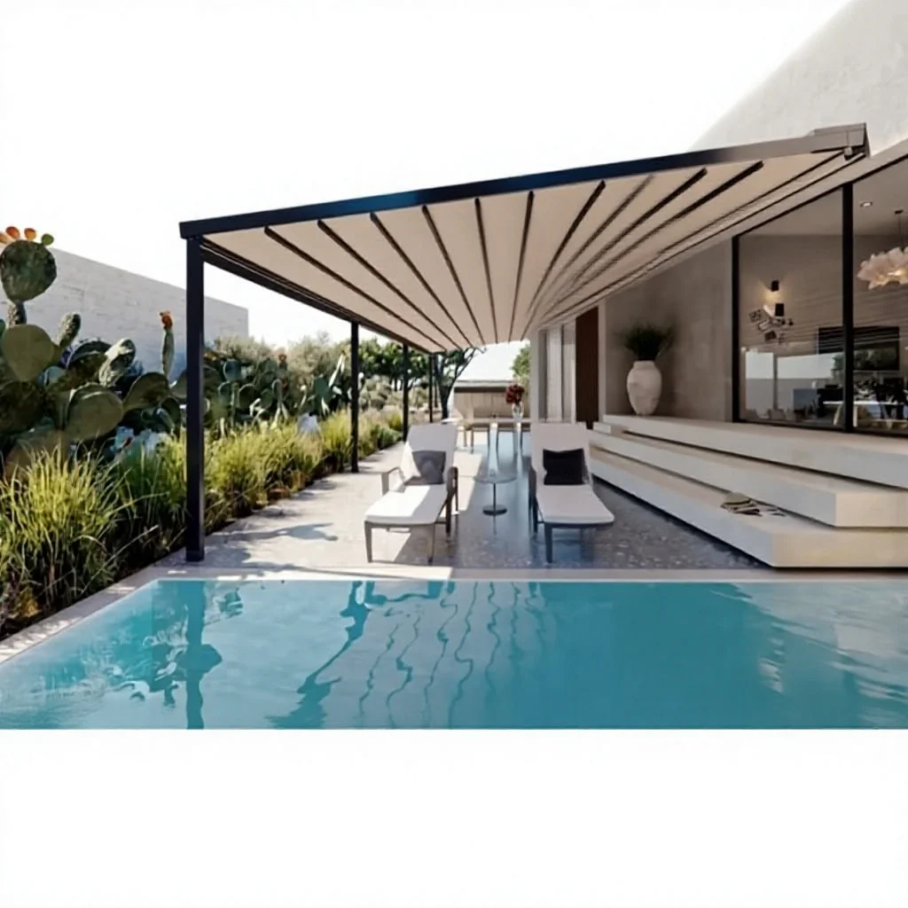 OneAlu PyroTable Premium Canopy: Fully-Integrated Motorized PVC Pergola and Modular Stainless Steel Barbecue Island