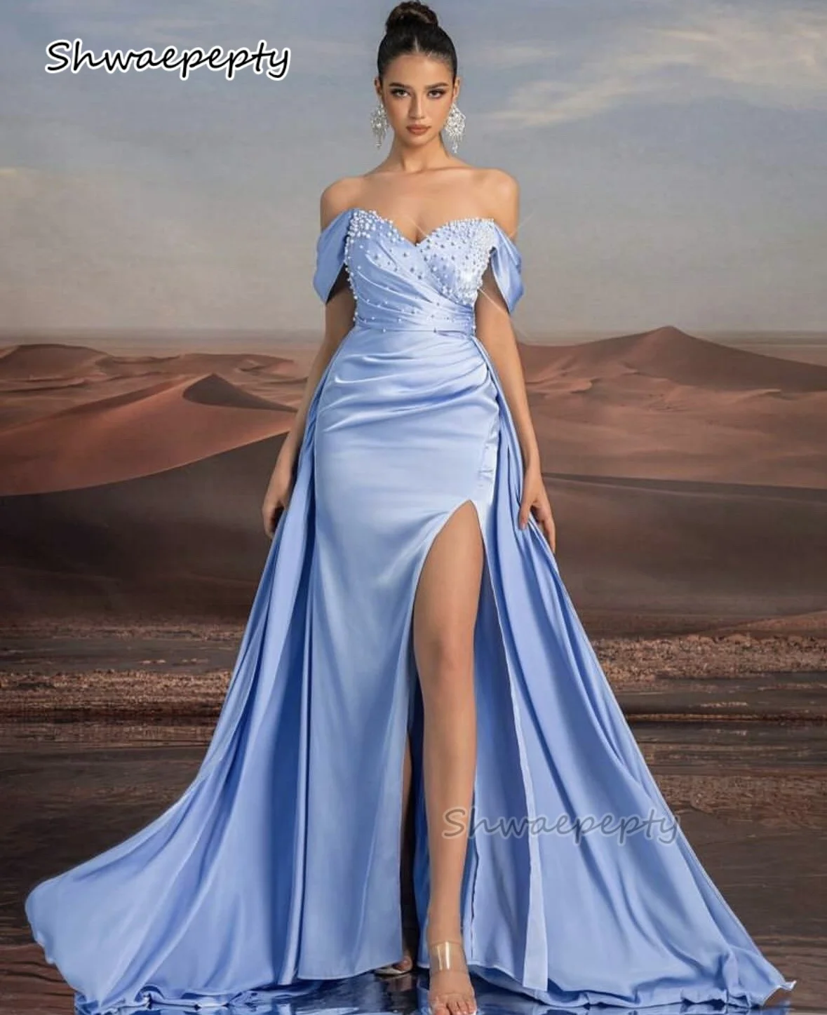 Side Slit Long Sky Blue Prom Dress With Detachable Skirt Pearl Beaded off Shoulder Customized Evening Gown Special Occasion Wear
