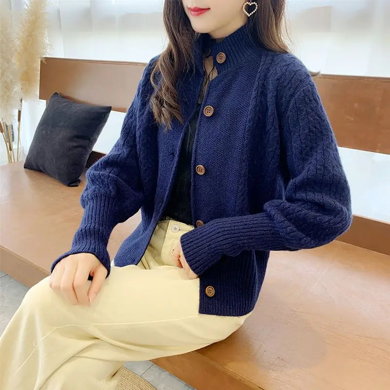 Autumn Winter Women's Cardigan Solid Long Sleeve Screw Thread Button Knitted Slim Fashion Stand Collar Sweater Coat for Female