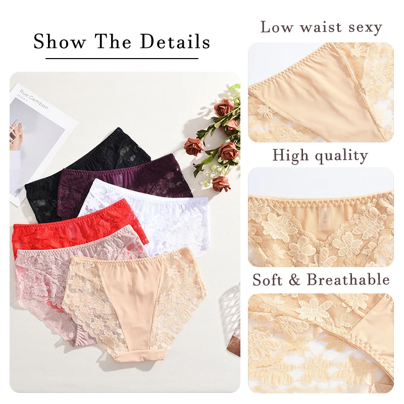 5 قطعة الجوف خارج الأزهار سراويل داخلية نسائية من الدانتيل مثير منخفضة الخصر منظور المرأة ملخصات بلون لينة تنفس السيدات الملابس الداخلية S-XXL #5
