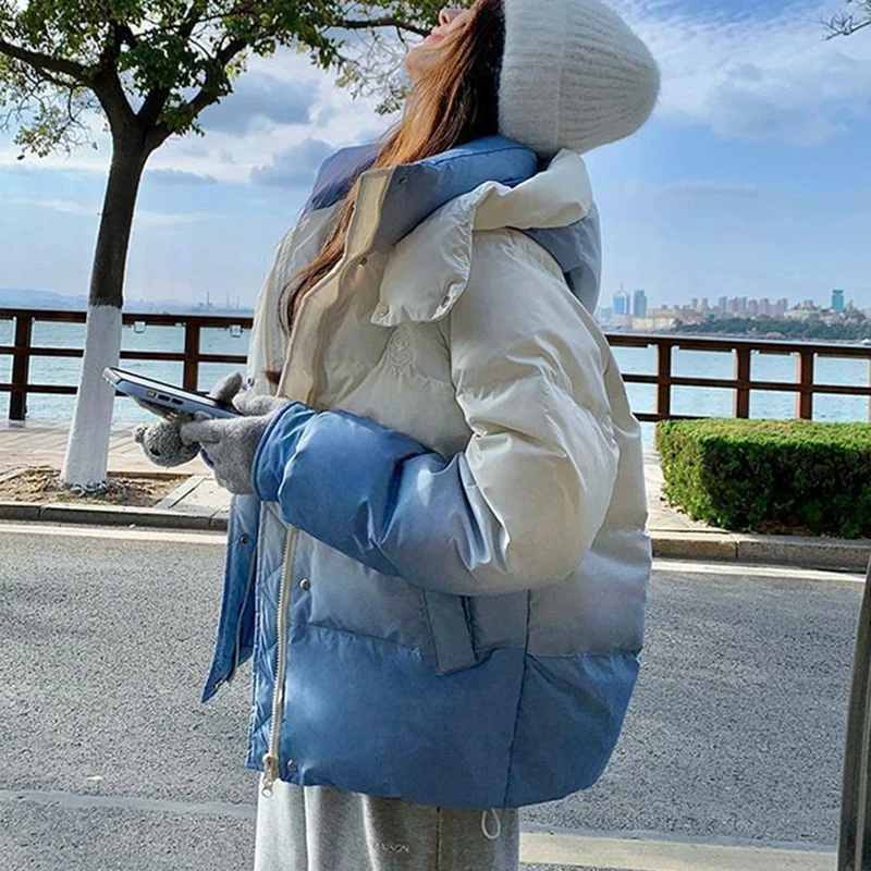 White Duck Down Blue Gradient Women Down Jacket Overcoat 2025 New Winter Fashion High Quality Warm Hooded Women Down Jacket H242