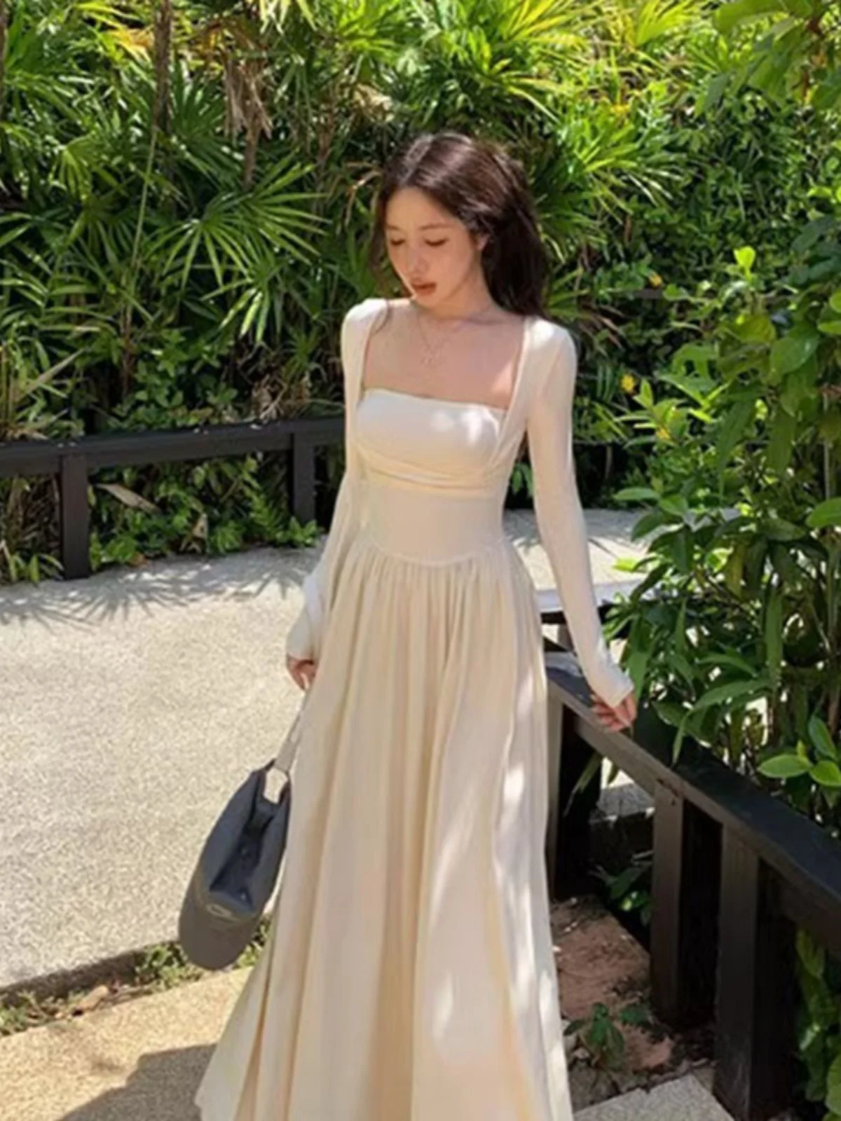 

Women's Autumn Winter Long Sleeve A-Line Dress Square Collar Faux Two-Piece High Waist Midi Dress Korean Style Office Commute