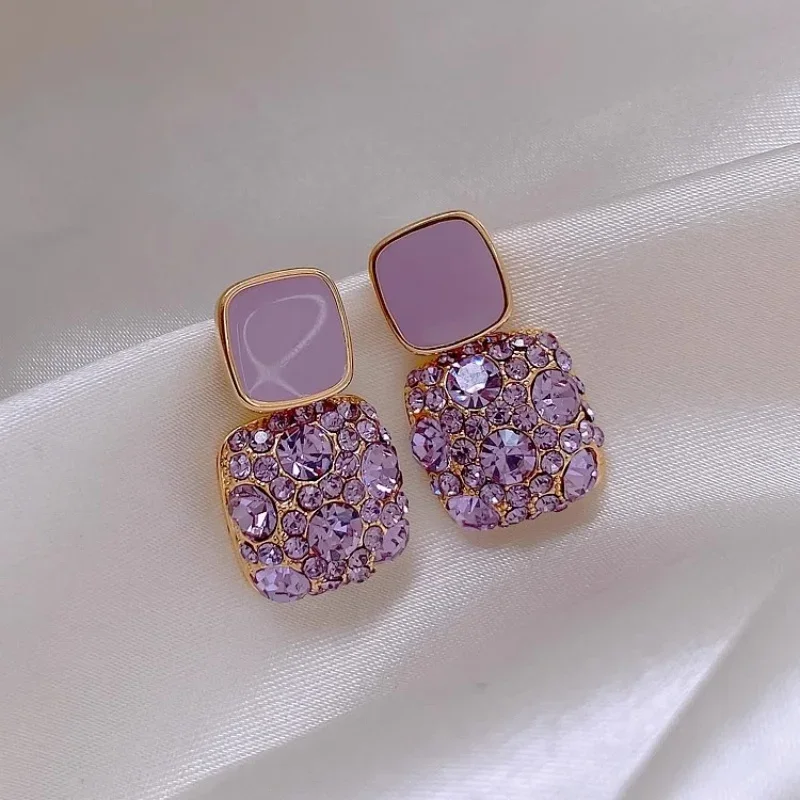 New Purple Color Zircon Crystal Enamel Double Square Drop Earrings for Women Korean Style Jewelry Trend Creative Accessories