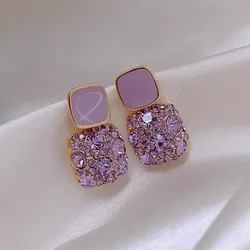 New Purple Color Zircon Crystal Enamel Double Square Drop Earrings for Women Korean Style Jewelry Trend Creative Accessories