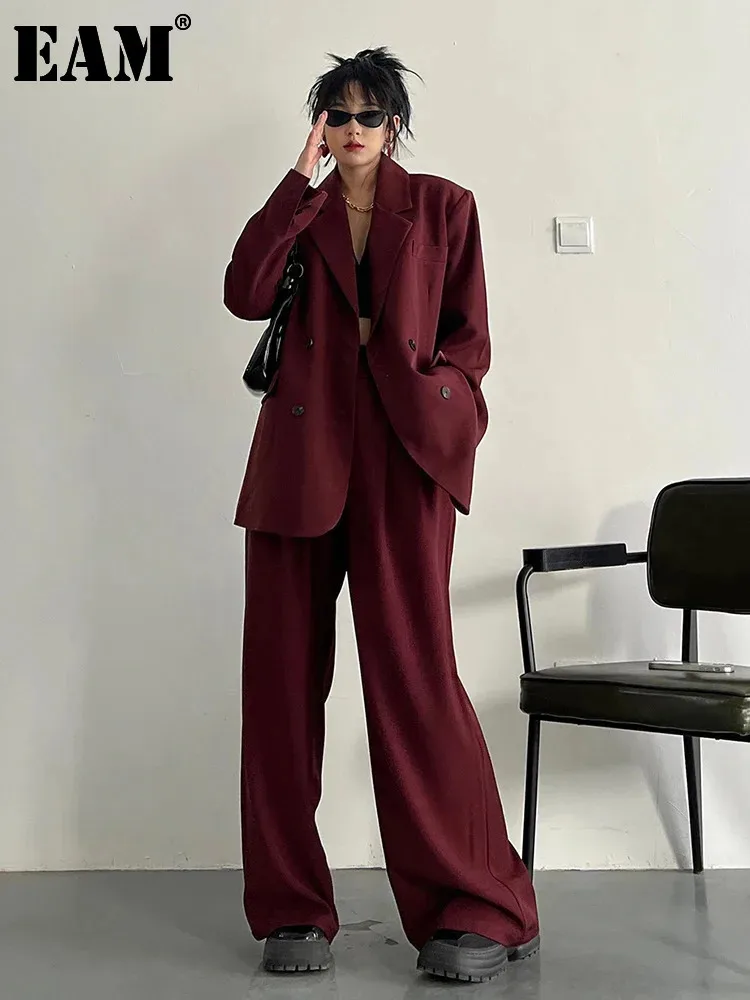 EAM Two Piece Suit Wide Leg Pants New Lapel Long Sleeve Red Loose Casual Fit Women Fashion Tide Spring Autumn 2025 30A1771