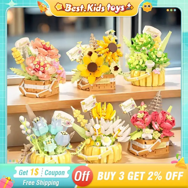 Mini Eternal Flower Basket Plant Series Product Building Blocks Sunflower Immortal Flower Assembling Bricks Kids Toys Girls Gift