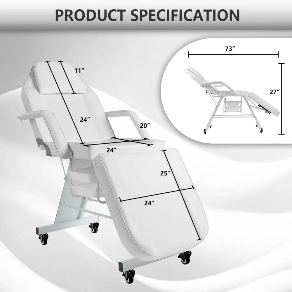 Poltrona per il viso con ruote Poltrona per tatuaggi Lettino per tatuaggi regolabile da 73 pollici per lettino da massaggio cliente con sgabello Lettino da massaggio Lettino per il viso