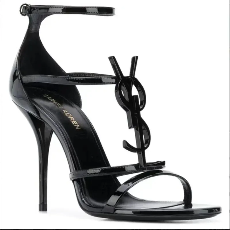 2024 French Letter with Gold Buckle High Heels Black Genuine Leather Women's Shoes Open Toe Stiletto Temperament Sandals