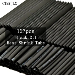 127pcs Thermoresistant Tube Shrink Wrapping 2:1 Black Heat Shrink Sleeving Set Wire Cable Polyolefin Wrap Tubing Heat Shrink Kit