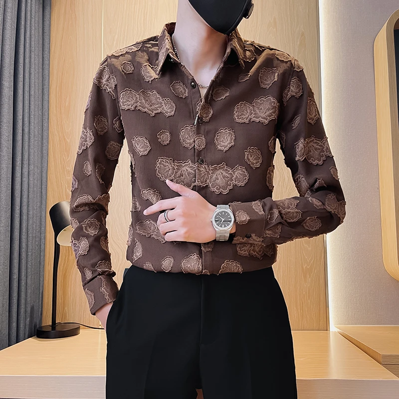 

High-end Men's Clothing Spring Autumn Noble 3D Decals Long Sleeve Men Shirts New Fashion Korean Slim Fit Mens Casual Shirt Tops