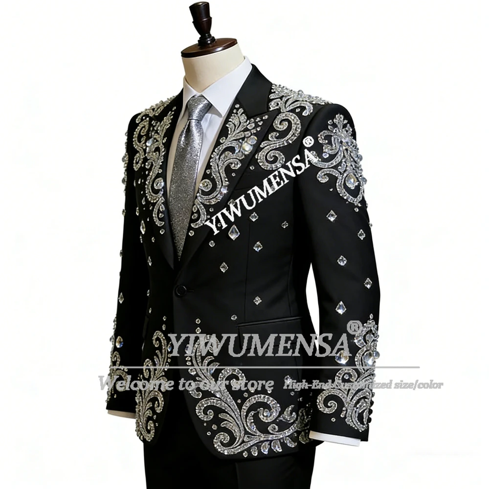 

Male Fashion Crystal Suits 2 Pieces Sparkling Diamond Wedding Party Groom Tuxedos Set Customized Blazer Pants fatos de homem