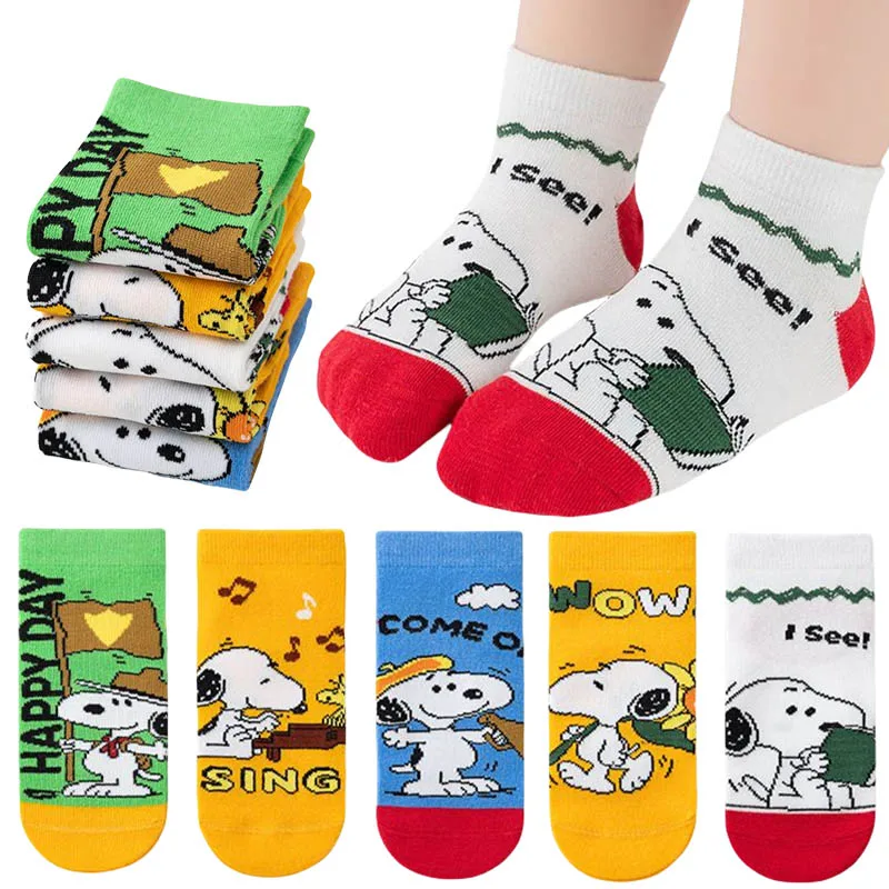5 Paar Snoopy New Style Kindersocken Mittelhoch Frühling Sommer Cartoon Design Jungen Mädchen Baby Weiche Baumwollsocken Säuglingsgeschenke