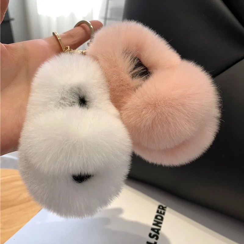 Creative Hot-Selling Rex Rabbit Fur Ball Small Slippers Pendant Key Ring Girl Bag Pendant Car Key Chain Good Birthday Gift