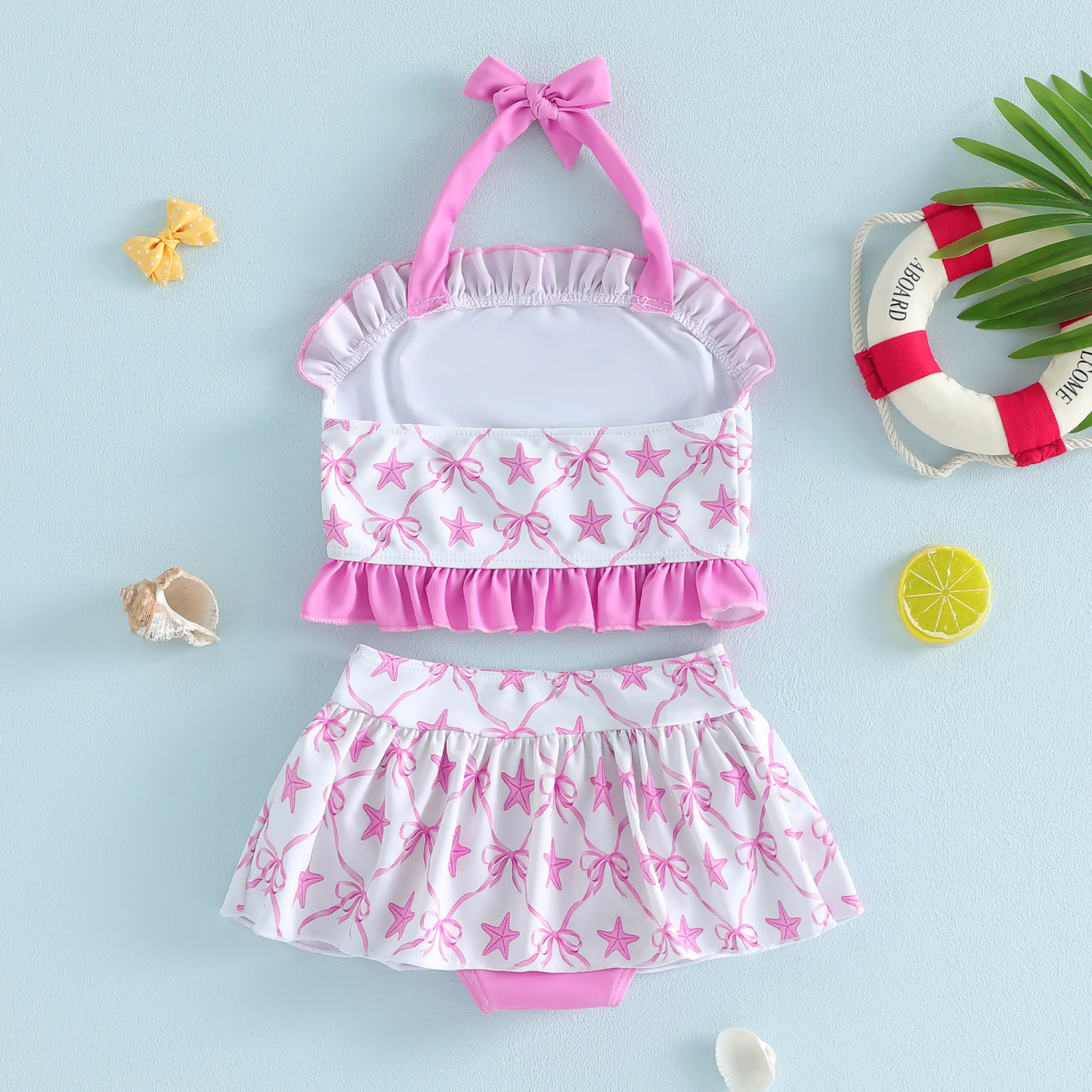 Tregren 1-5Years Kids Girls Bikinis Set Cute Bow Starfish Print Swimsuit Halter Swimwear Summer Beach Sea Bathing Suits