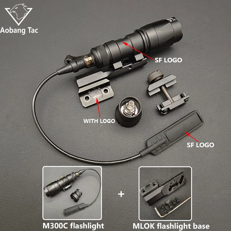 Tactical M300B M600B Flashlight Set M600C M300C LED Airsoftl Hunting Lamp with MLOK or 20MM Light Mount+SF Plug Momentary Switch