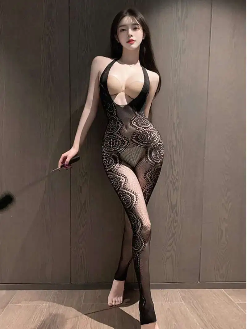 

Jacquard Deep Hollow U Exposed Chest Hanging Neck Detachable Jumpsuit Sexy Lingerie Sexy Pure Desire Bodysuits Charming HAG4