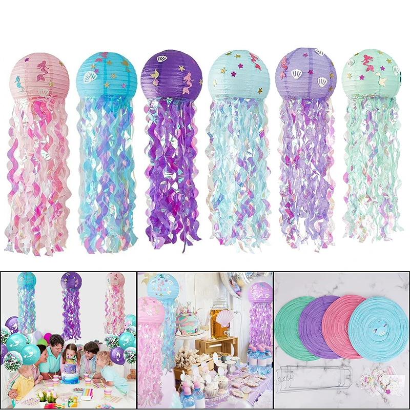 2PCS Mermaid Jellyfish Paper Lantern Under The Sea Theme Kids DIY Birthday Wedding Party Decoration Exhibition Ornament Props