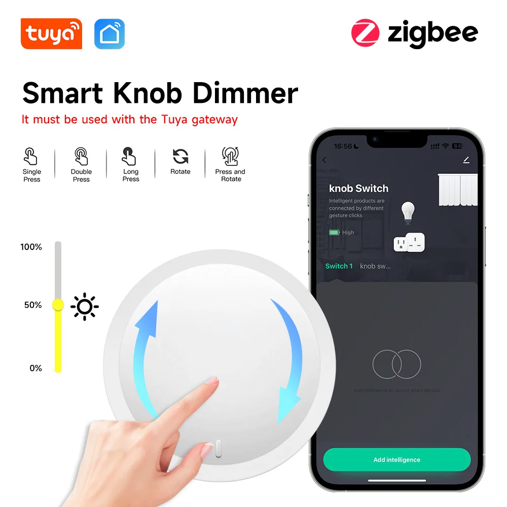 Tuya Wireless Smart Knob, Zigbee Protocol, Tuya Gateway Required, App Dimming &amp; Scene Control, Z2M Supported for Smart Home