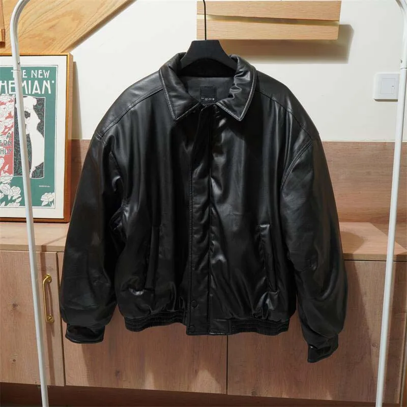 

Faux Leather Jacket Men's New Arrival Oversized Black PU Leather Bomber Jacket Casual Streetwear Loose Fit Fashion Outerwear