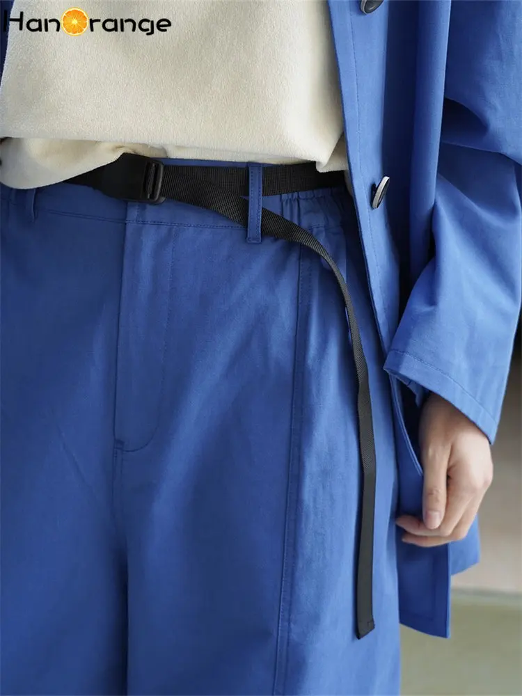 HanOrange 2025 Pantaloni cargo regolabili autunnali Pantaloni larghi a gamba larga da donna Pantaloni femminili casual a vita alta bianco sporco/blu