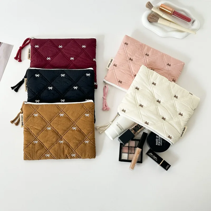 Quilted embroidered bow cosmetic bag, portable coin purse, stationery bag, large capacity, multifunctional pen bag