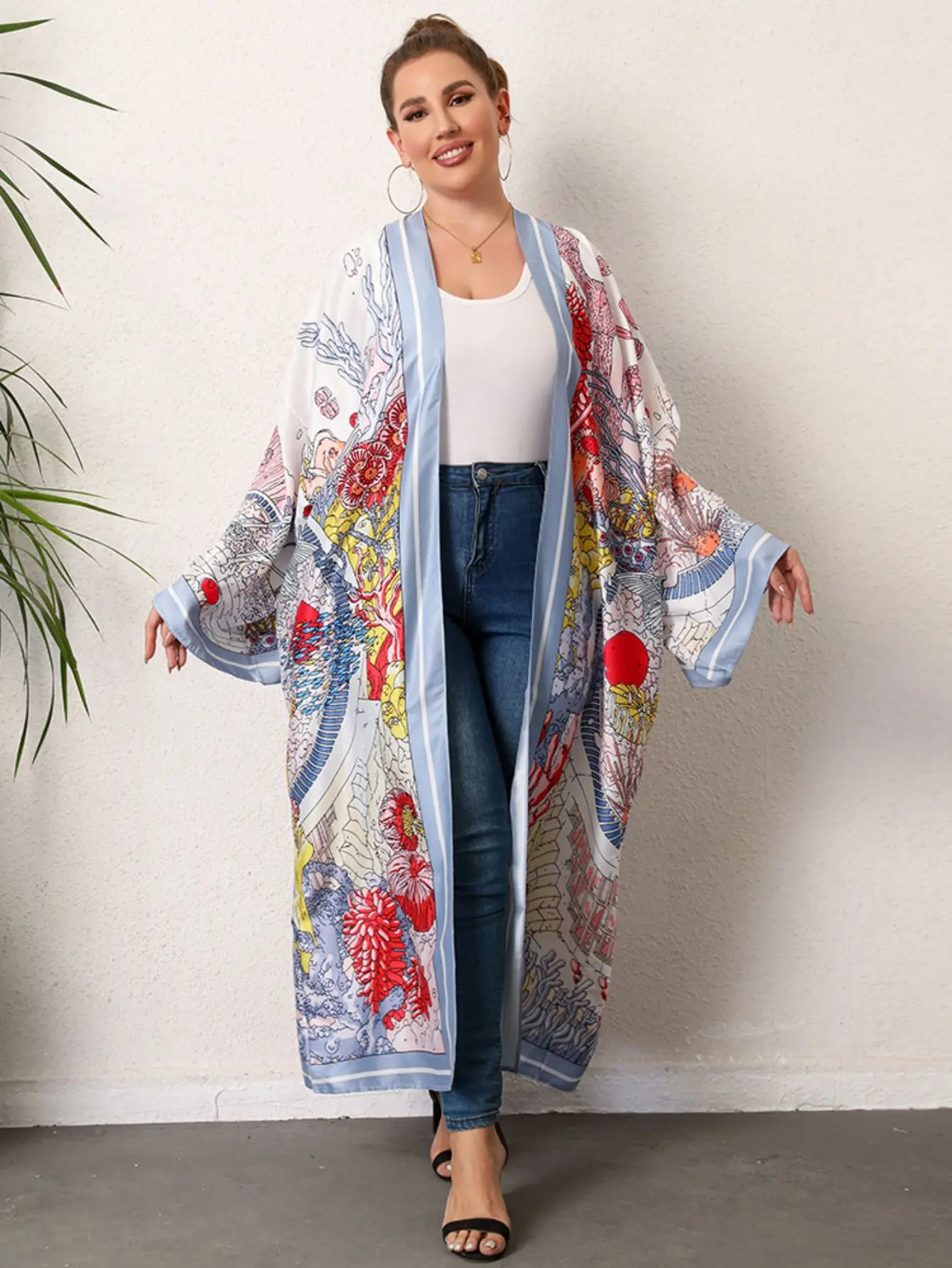 Plus rozmiar Boho Kimono damskie Plus tropikalny nadruk kontrastowe wiązanie z długim rękawem z przodu luźna Kimono plażowe