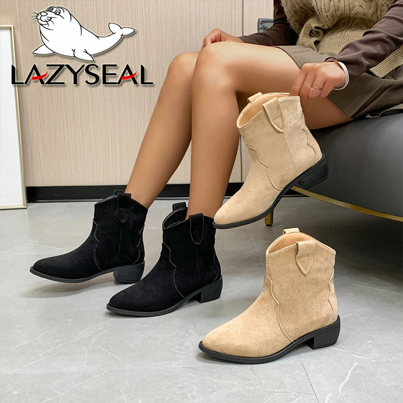 LazySeal 4.5cm High Heel Boots Soft Suede Solid Color Women Autumn Shoes Mid-Calf Breathtable Motorcycle Boots Plus Size 43