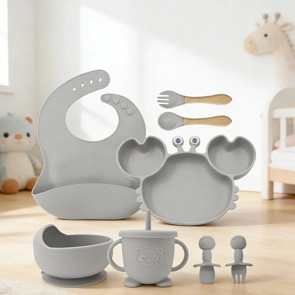 Silicone Tableware Ten Piece Set Divided Plate Baby Tableware Feeding Bowl Silicone Spoon Fork Feeding Tableware For Infants