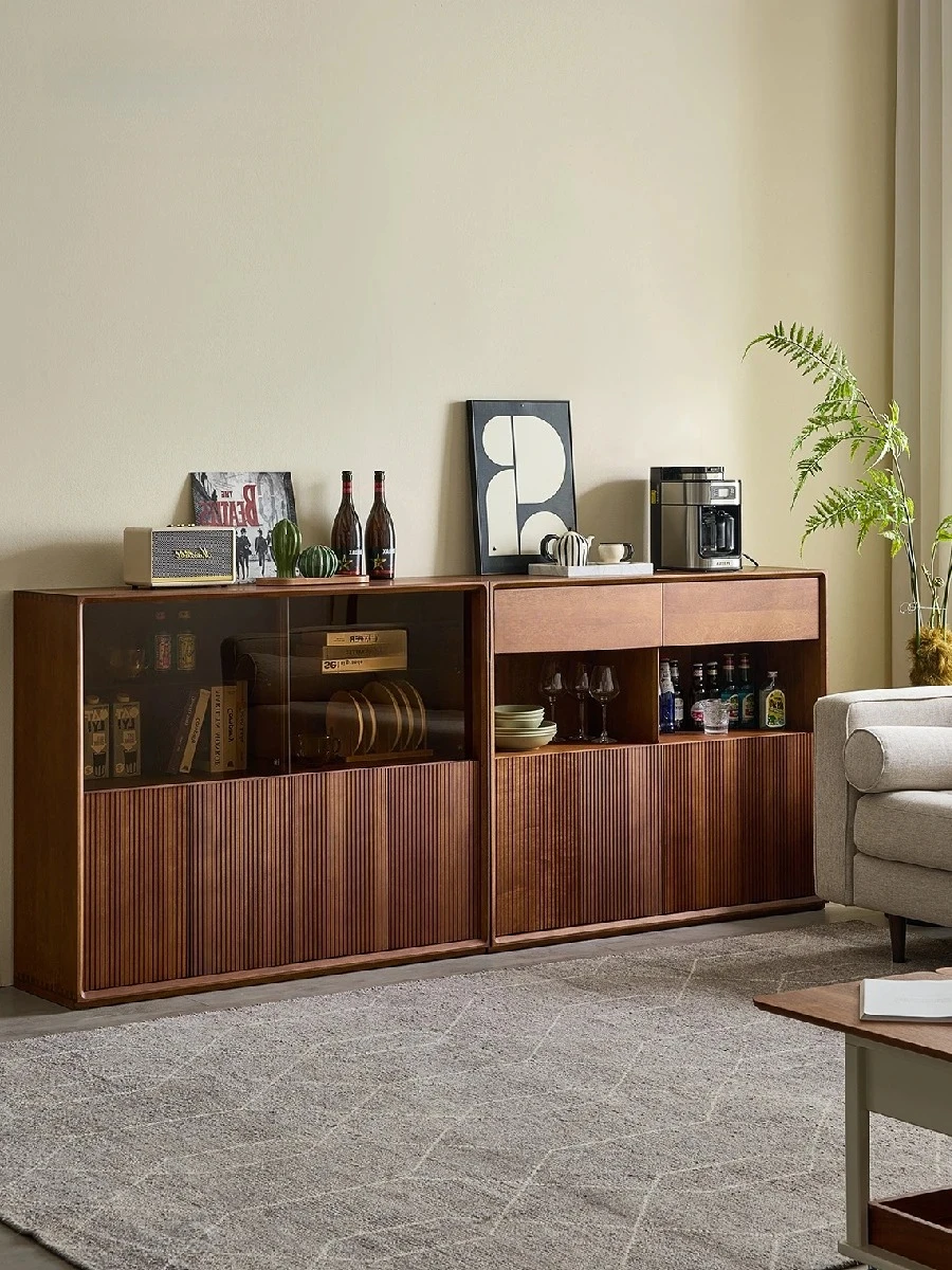 

Nordic teak solid wood dining side cabinet retro style living room storage display cabinet