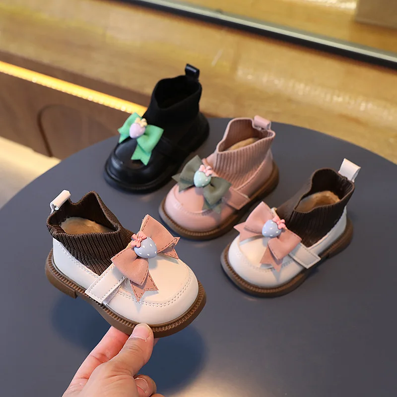 Bottes chaussettes en cuir verni avec gros nœud pour fille, chaussures élégantes et mignonnes pour enfant en bas âge, style décontracté