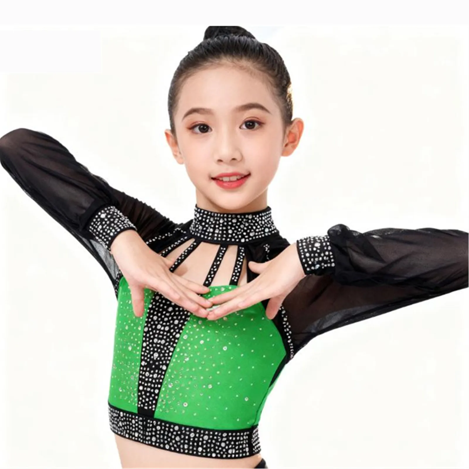 Kinderen meisjes kunstschaatsen dans top prestatie kostuum pure mesh lange mouwen uitsparing terug strappy glanzende strass crop top