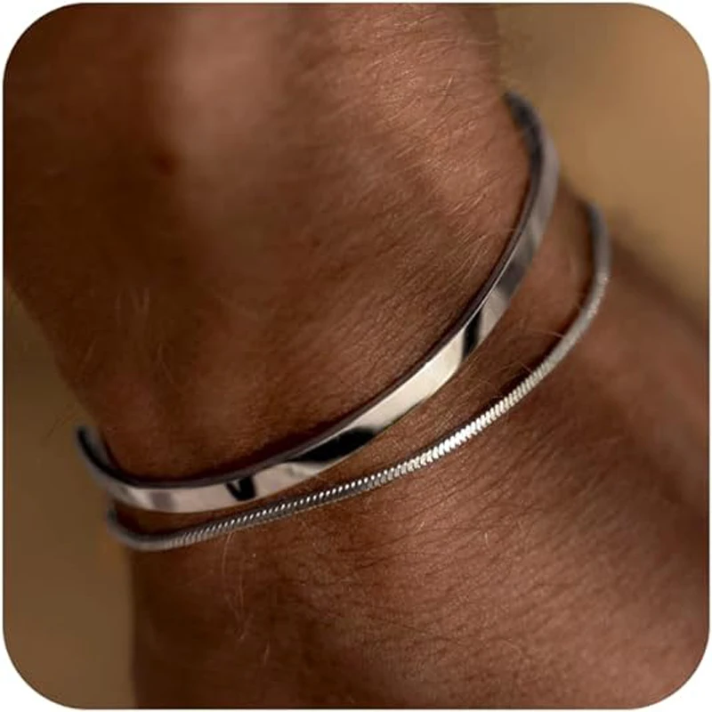 Bransoletki dla mężczyzn z możliwością układania w stosy, zestawy bransoletek ze srebra próby 925/14-karatowego złota Dainty Cuff Bangle Box Cuban Link Bracelets