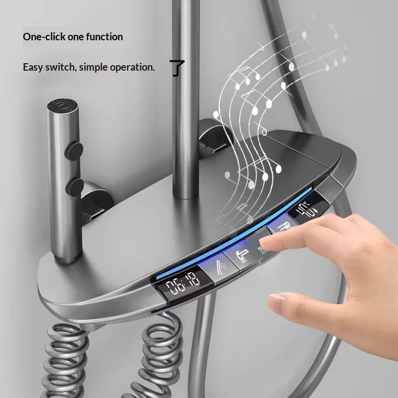 

2026 Brushed Gunmetal Smart Digital LED Shower System Set, Brass Body with Soft Mist Spray, Luxury Design Shower Head