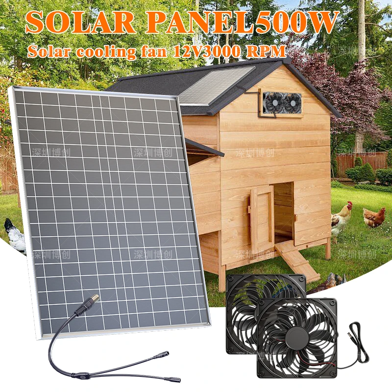 

500W Solar Powered 12V Exhaust Fan - Fast Ventilation for Dog House, Chicken Coop, Pet Kennel - Quiet Solar Air Extractor Fan