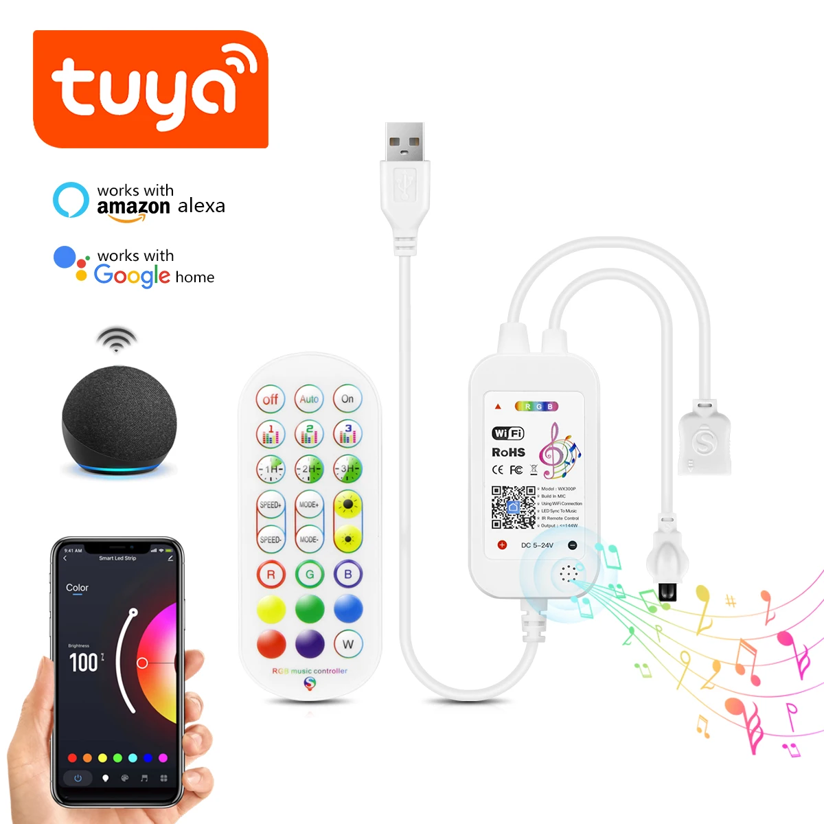 DC5V Tuya APP Wifi LED RGB Controller and Remote，Work With Alexa and Google home For 5V 4 Pin RGB LED Strip and RGB Neon Strip