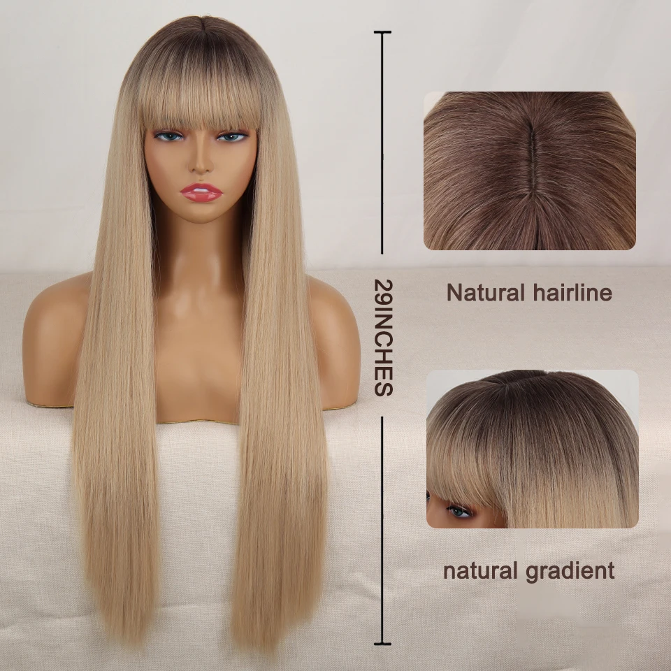 Light Blonde Synthetic Wigs with bangs Long Straight Brown Blonde Hair Wig for Women Cosplay Natural Hair Heat Resistant