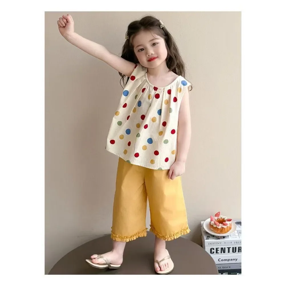 النسخة الكورية أزياء الفتيات دعوى موجة نقطة القوس سترة + الدانتيل مستقيم الساق السراويل قطعتين مجموعة ملابس الأطفال صيف جديد #6