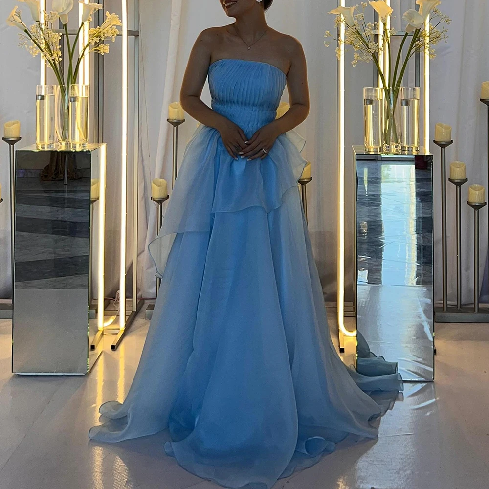 

Customized Graceful Strapless Pleats Party Gown Temperament A-Line Organza Sleeveless Blue Evening Dress vestidos para mujer