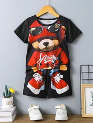 2-Piece Mans Cartoon Cool Bear Print Summer Set Summer Everyday Casual Men's Crew Neck Top Outdoor Sports Men's Beach Shorts