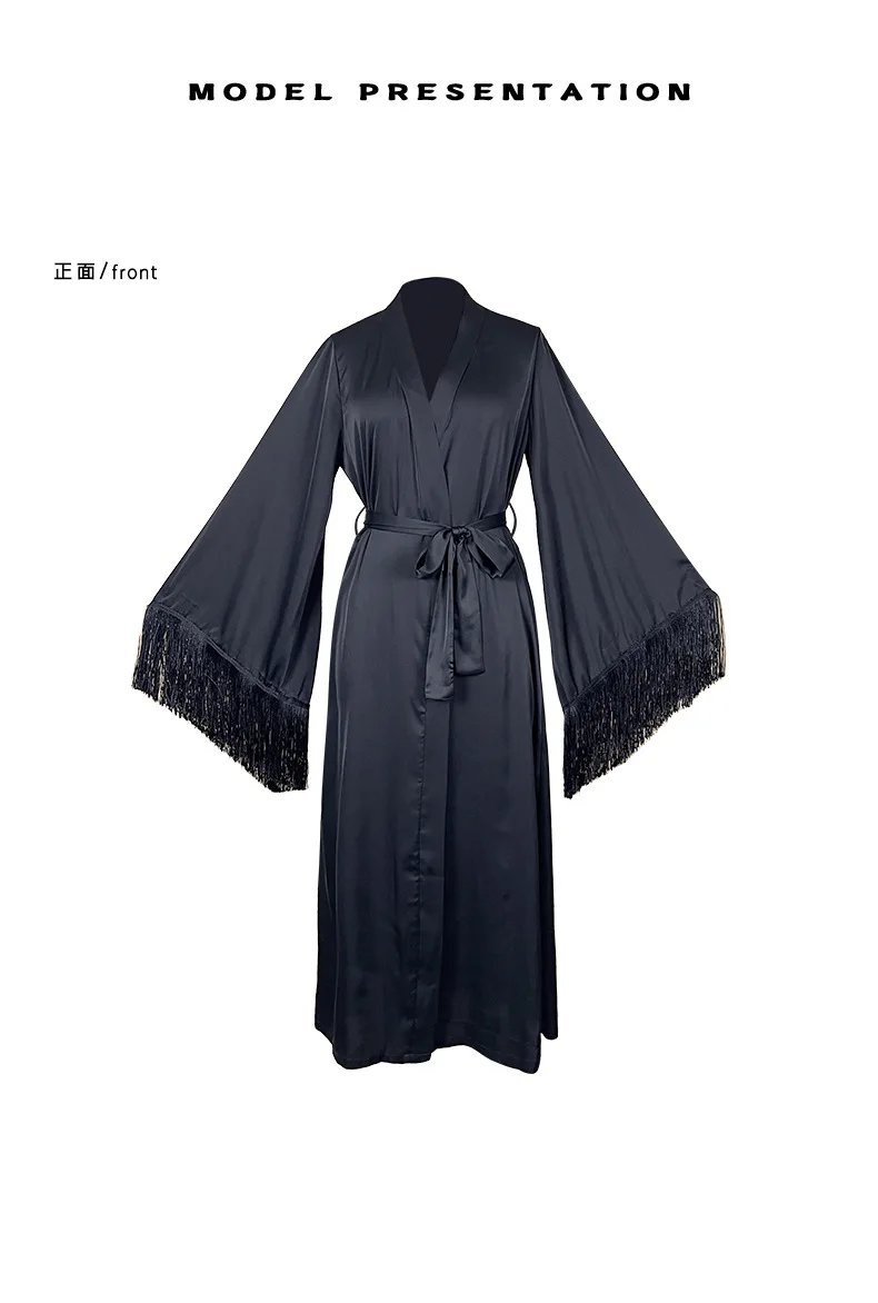 Light Luxury Women's Nightgown Satin Fringed Decorative Horn Sleeve Morning Gown Multi-color Loungewear Cw67256