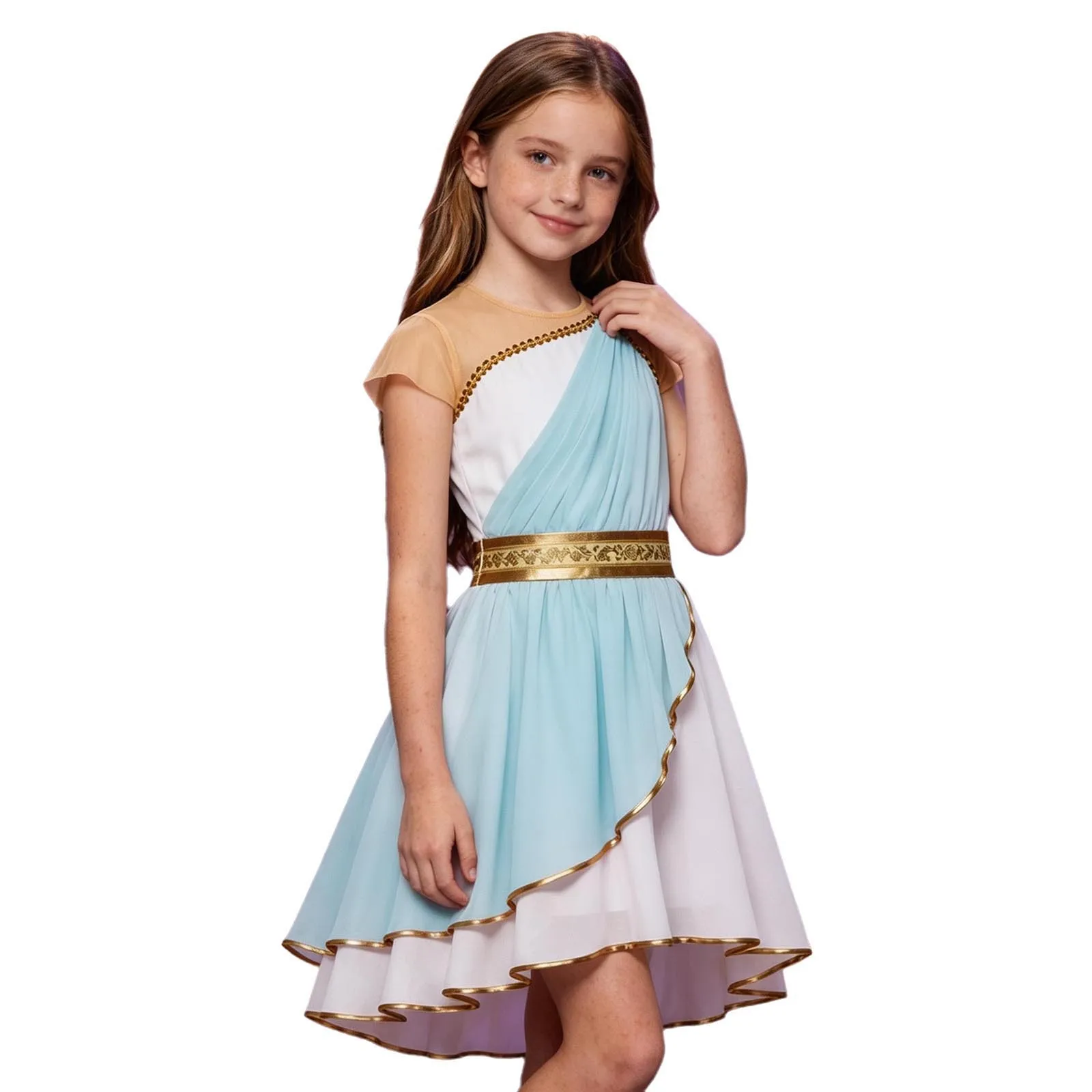 Kids Girls Ancient Greek Roman Princess Toga Costume Short Sleeve Metallic Embroidered Dress Robe for Halloween Party Cosplay