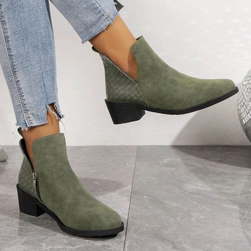 2023 Suede Zipper Ankle Boots for Women Autumn Pointed Women Shoes Woven Patchwork Female Boot Concise Square Heel Chelsea Boots